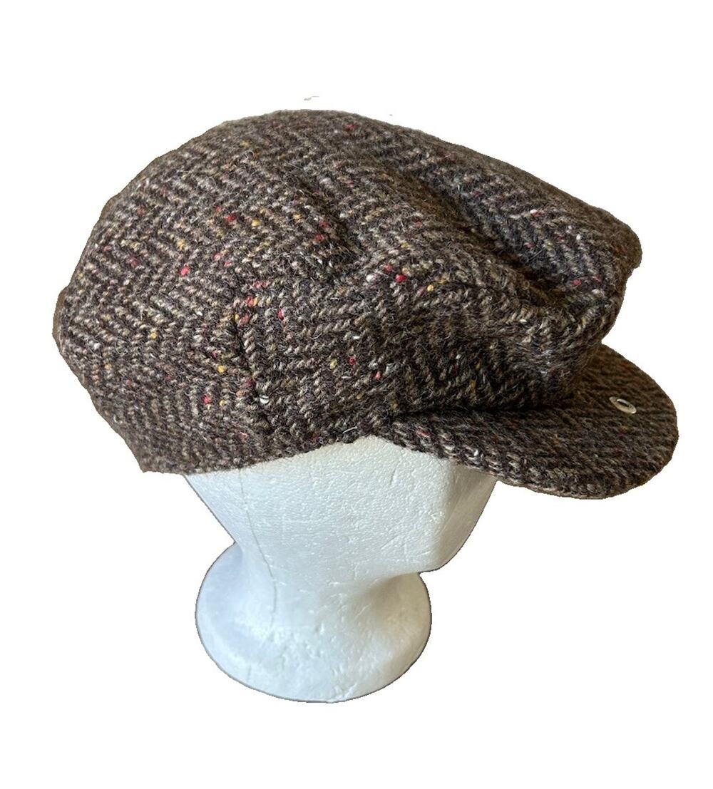 Hanna Hats Donegal Ireland Flat Cap XXL Brown Herringbone Wool Tweed Vintage